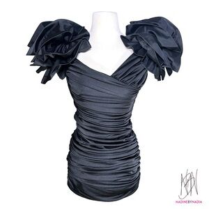 Authentic Vintage 80s Black Ruched Midi Dress – Immaculate Condition